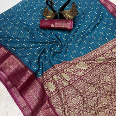 Smashing Teal Blue Digital Printed Dola Silk Saree With Redolent Blouse Piece