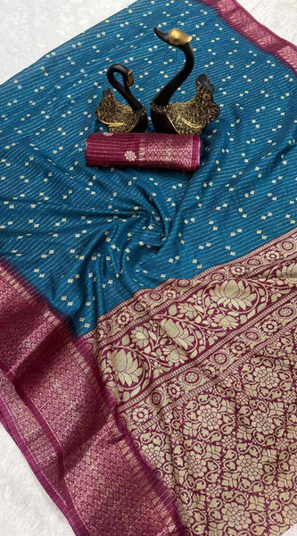 Smashing Teal Blue Digital Printed Dola Silk Saree With Redolent Blouse Piece