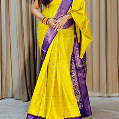 Magnetic Yellow Digital Printed Dola Silk Saree With Mellifluous Blouse Piece