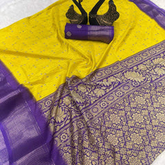 Magnetic Yellow Digital Printed Dola Silk Saree With Mellifluous Blouse Piece