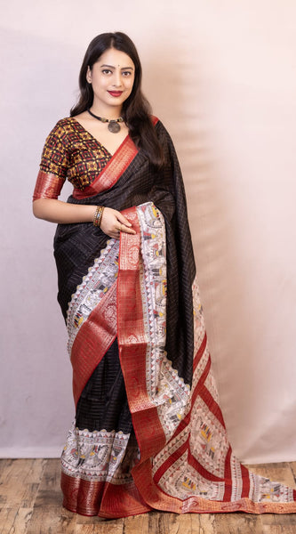 Elision Black Digital Printed Dola Silk Saree With Bucolic Blouse Piece