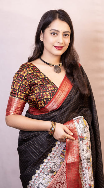 Elision Black Digital Printed Dola Silk Saree With Bucolic Blouse Piece