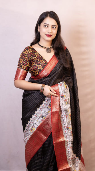 Elision Black Digital Printed Dola Silk Saree With Bucolic Blouse Piece