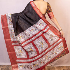 Elision Black Digital Printed Dola Silk Saree With Bucolic Blouse Piece