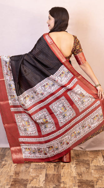 Elision Black Digital Printed Dola Silk Saree With Bucolic Blouse Piece