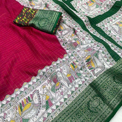 Majestic Dark Pink Digital Printed Dola Silk Saree With Fugacious Blouse Piece