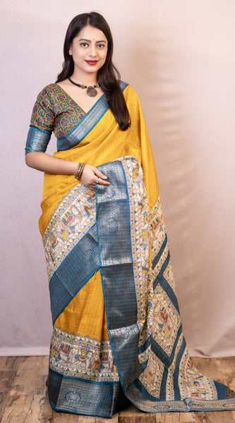 Symmetrical Mustard Digital Printed Dola Silk Saree With Transcendent Blouse Piece