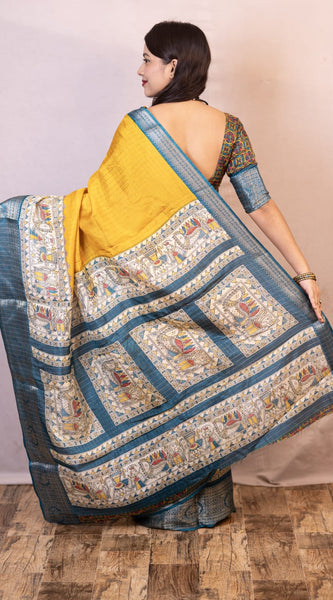 Symmetrical Mustard Digital Printed Dola Silk Saree With Transcendent Blouse Piece