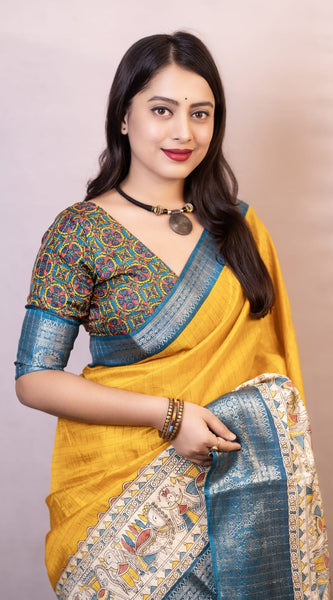Symmetrical Mustard Digital Printed Dola Silk Saree With Transcendent Blouse Piece