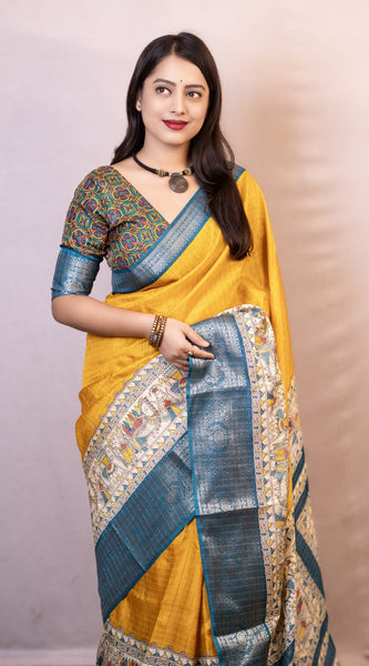 Symmetrical Mustard Digital Printed Dola Silk Saree With Transcendent Blouse Piece