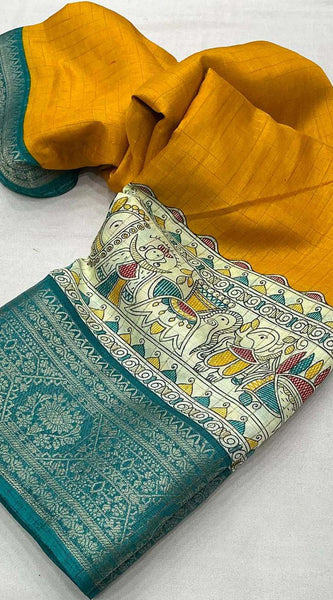 Symmetrical Mustard Digital Printed Dola Silk Saree With Transcendent Blouse Piece