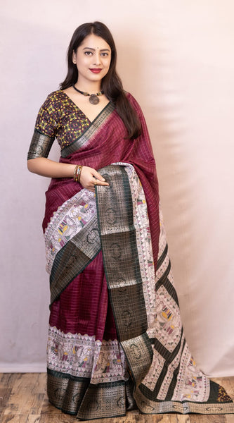 Proficient Wine Digital Printed Dola Silk Saree With Whimsical Blouse Piece
