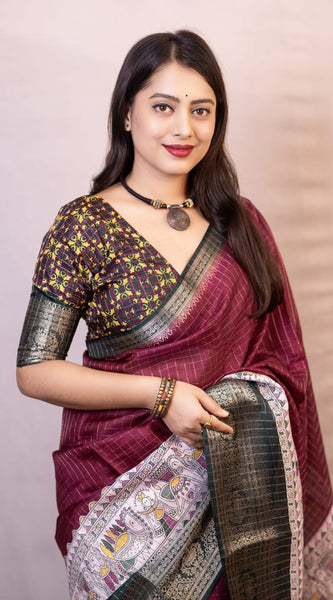 Proficient Wine Digital Printed Dola Silk Saree With Whimsical Blouse Piece