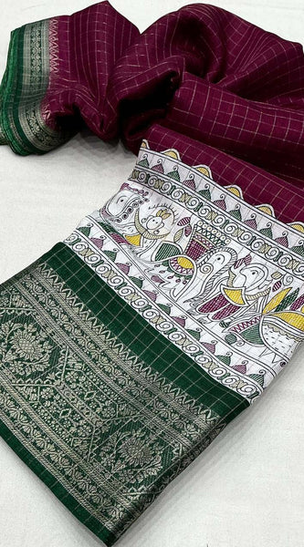 Proficient Wine Digital Printed Dola Silk Saree With Whimsical Blouse Piece