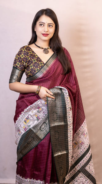 Proficient Wine Digital Printed Dola Silk Saree With Whimsical Blouse Piece