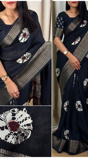 Dazzling Black Digital Printed Dola Silk Saree With Sensational Blouse Piece