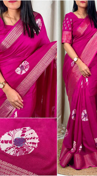 Phenomenal Dark Pink Digital Printed Dola Silk Saree With Deserving Blouse Piece