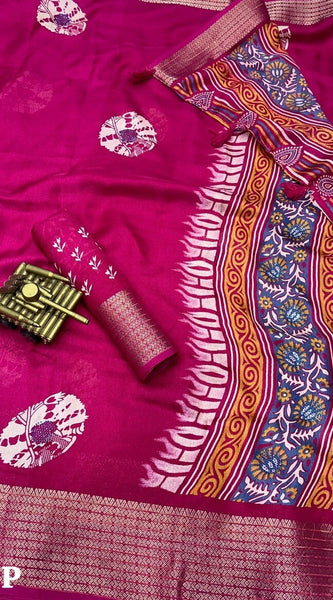 Phenomenal Dark Pink Digital Printed Dola Silk Saree With Deserving Blouse Piece