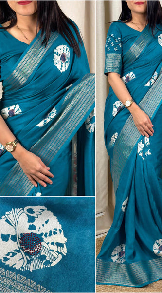 Blooming Firozi Digital Printed Dola Silk Saree With Radiant Blouse Piece