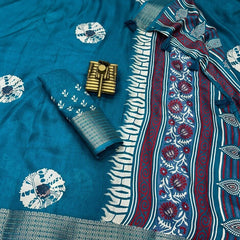 Blooming Firozi Digital Printed Dola Silk Saree With Radiant Blouse Piece