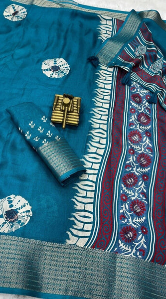 Blooming Firozi Digital Printed Dola Silk Saree With Radiant Blouse Piece