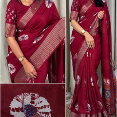 Classic Maroon Digital Printed Dola Silk Saree With Bewitching Blouse Piece