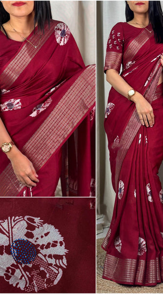 Classic Maroon Digital Printed Dola Silk Saree With Bewitching Blouse Piece