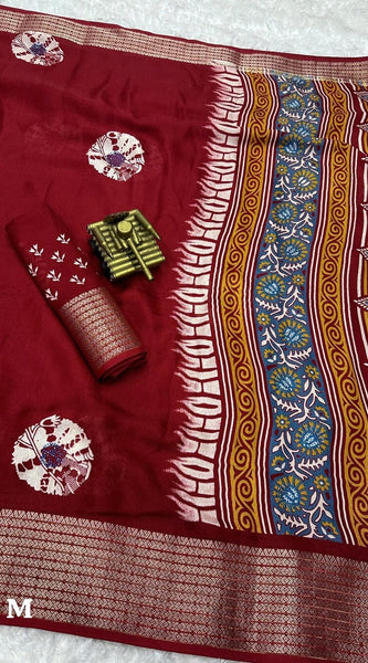 Classic Maroon Digital Printed Dola Silk Saree With Bewitching Blouse Piece