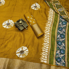Elision Mustard Digital Printed Dola Silk Saree With Moiety Blouse Piece