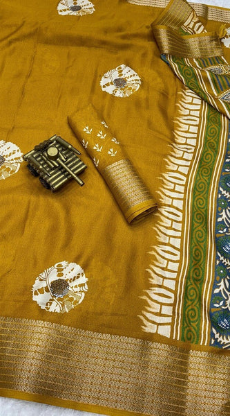 Elision Mustard Digital Printed Dola Silk Saree With Moiety Blouse Piece