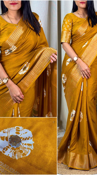 Elision Mustard Digital Printed Dola Silk Saree With Moiety Blouse Piece