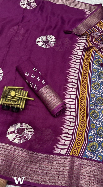 Woebegone Purple Digital Printed Dola Silk Saree With Incredible Blouse Piece