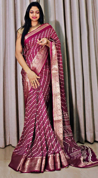 Exuberant Wine Digital Printed Dola Silk Saree With Scrumptious Blouse Piece