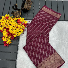 Exuberant Wine Digital Printed Dola Silk Saree With Scrumptious Blouse Piece