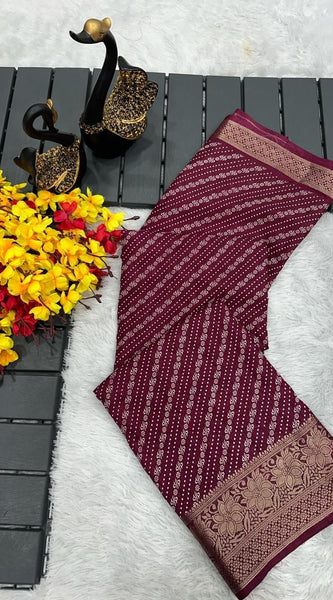 Exuberant Wine Digital Printed Dola Silk Saree With Scrumptious Blouse Piece