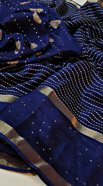 Palimpsest Navy Blue Digital Printed Dola Silk Saree With Surreptitious Blouse Piece