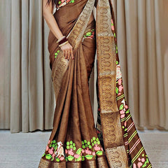 Effervescent Brown Digital Printed Dola Silk Saree With Smashing Blouse Piece