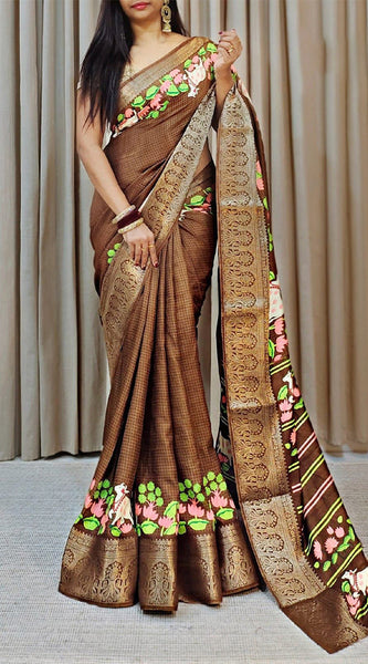 Effervescent Brown Digital Printed Dola Silk Saree With Smashing Blouse Piece