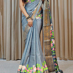 Transcendent Grey Digital Printed Dola Silk Saree With Proficient Blouse Piece