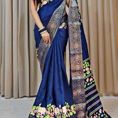 Sempiternal Navy Blue Digital Printed Dola Silk Saree With Imbrication Blouse Piece