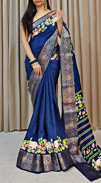 Sempiternal Navy Blue Digital Printed Dola Silk Saree With Imbrication Blouse Piece