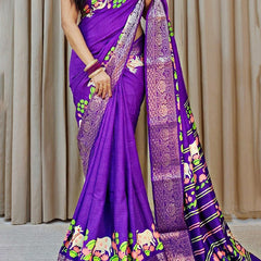 Gratifying Royal Blue Digital Printed Dola Silk Saree With Splendorous Blouse Piece