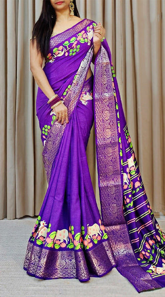 Gratifying Royal Blue Digital Printed Dola Silk Saree With Splendorous Blouse Piece