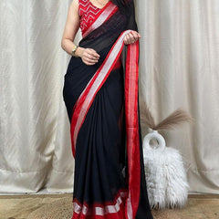Symmetrical Black Digital Printed Chiffon Saree With Denouement Blouse Piece