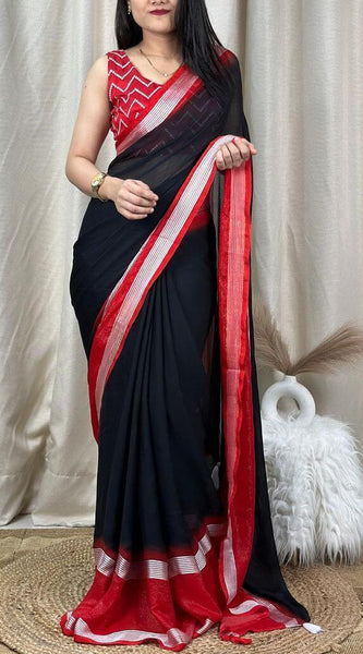 Symmetrical Black Digital Printed Chiffon Saree With Denouement Blouse Piece