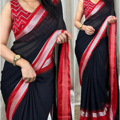 Symmetrical Black Digital Printed Chiffon Saree With Denouement Blouse Piece