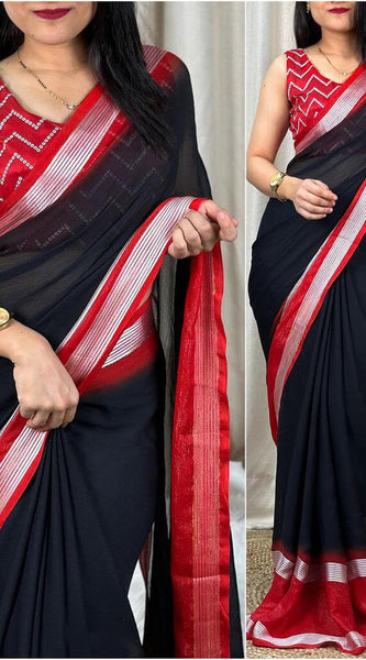 Symmetrical Black Digital Printed Chiffon Saree With Denouement Blouse Piece
