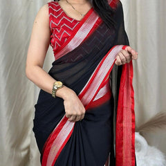 Symmetrical Black Digital Printed Chiffon Saree With Denouement Blouse Piece