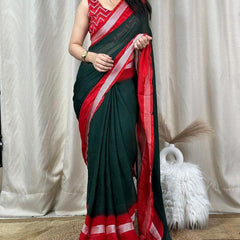 Palimpsest Dark Green Digital Printed Chiffon Saree With Fugacious Blouse Piece