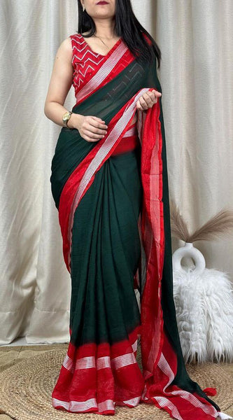Palimpsest Dark Green Digital Printed Chiffon Saree With Fugacious Blouse Piece